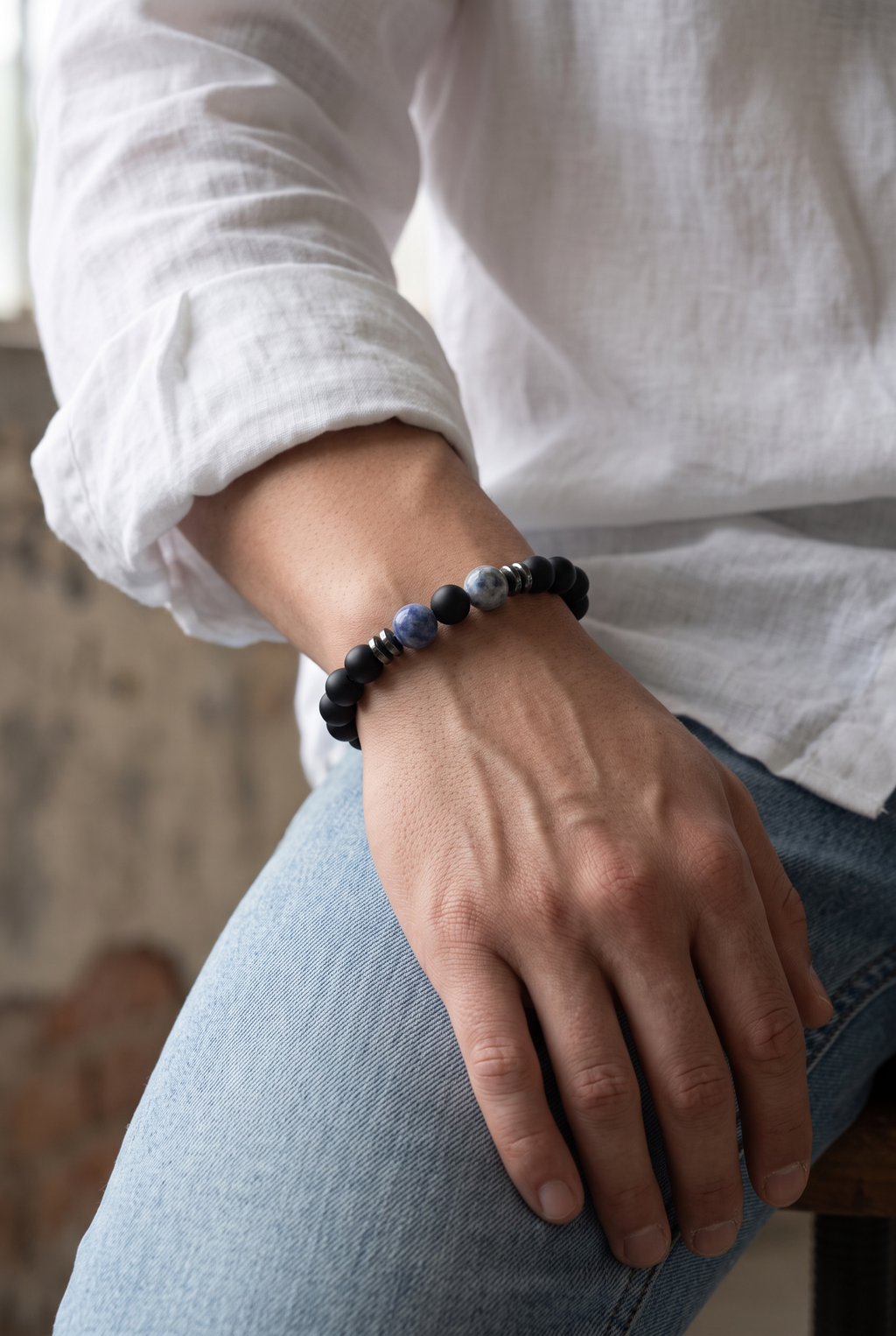 Onyx & Sodalite Bead Bracelet — Matte Black