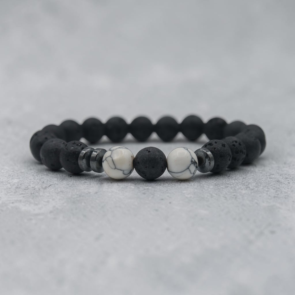 Lava & Howlite Bead Bracelet — Black & White, additional angle