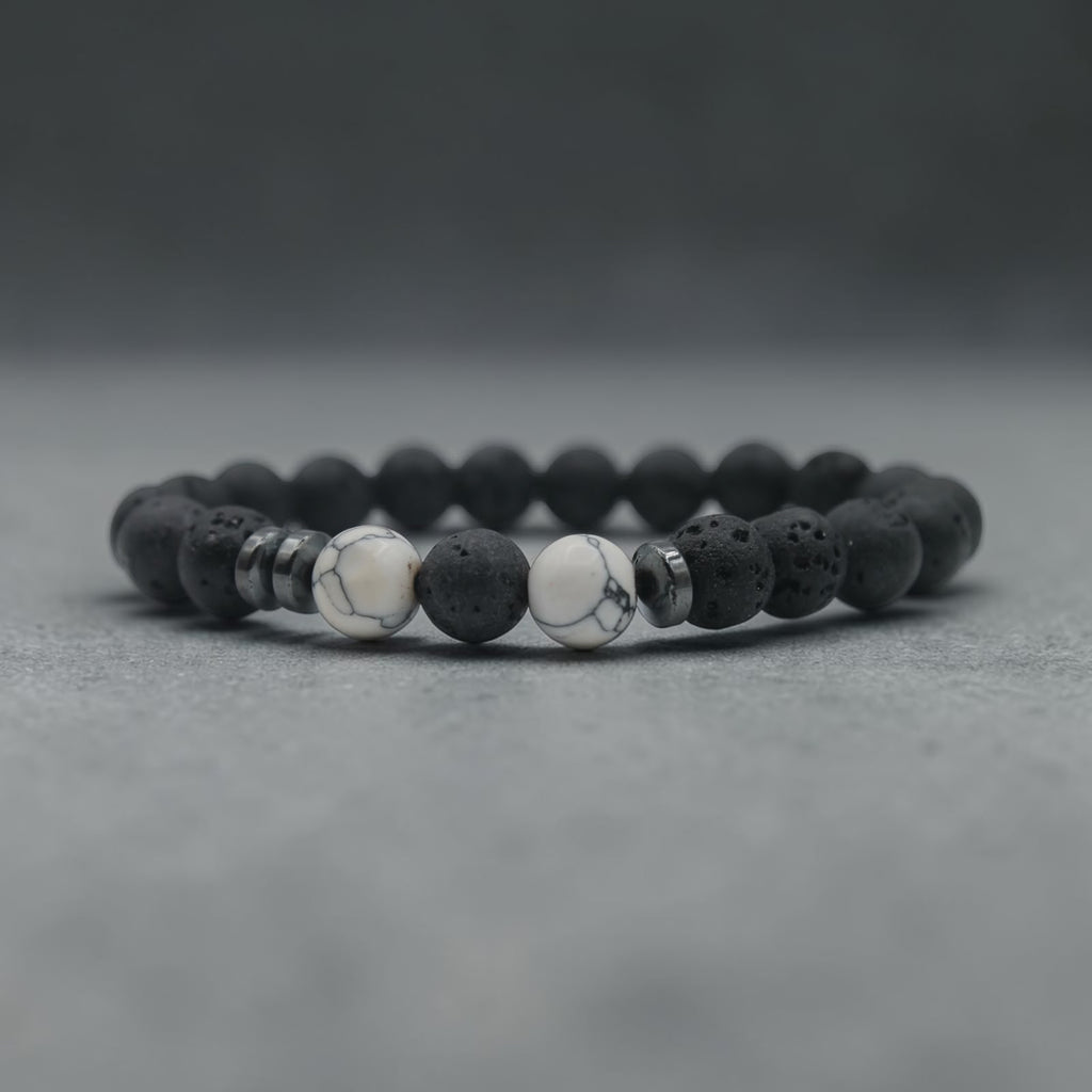 Lava & Howlite Bead Bracelet — Black & White, additional angle