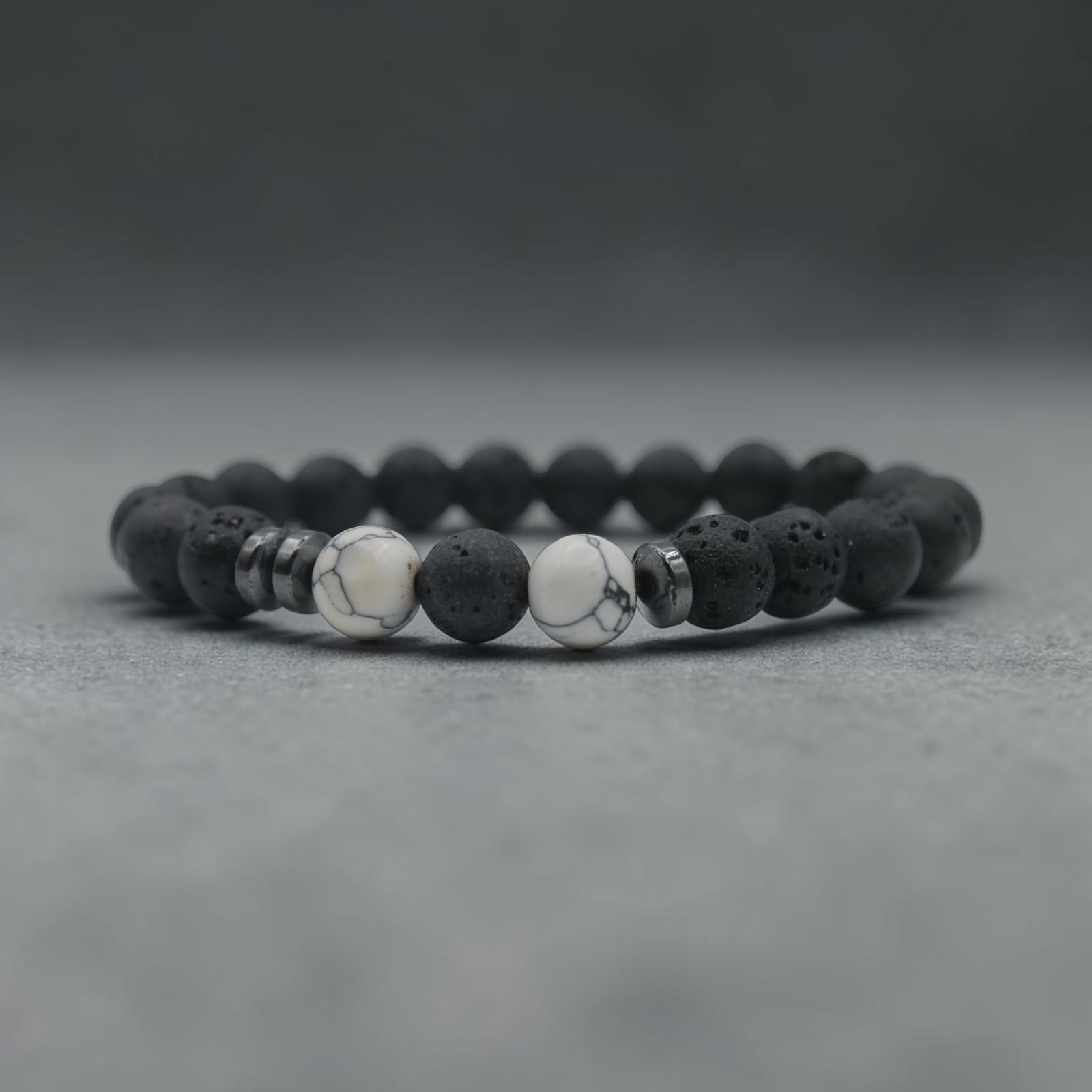 Lava & Howlite Bead Bracelet — Black & White, additional angle