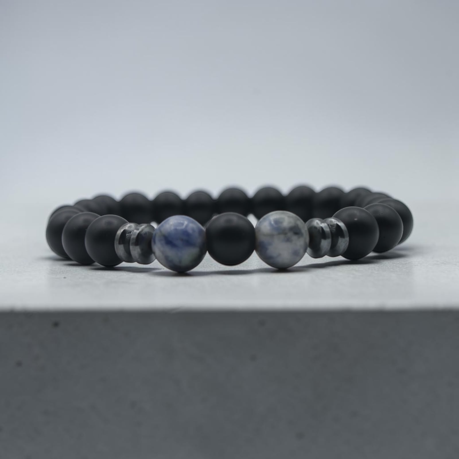 Onyx & Sodalite Bead Bracelet — Matte Black, additional angle