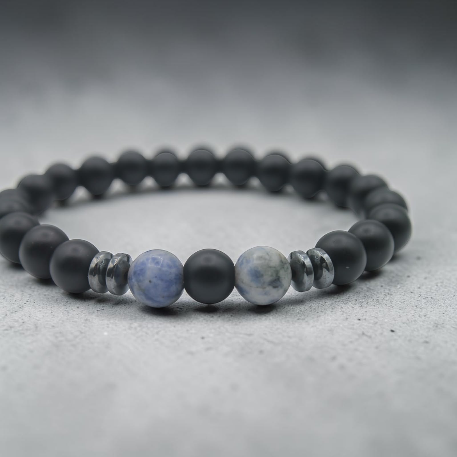 Onyx & Sodalite Bead Bracelet — Matte Black, close-up detail